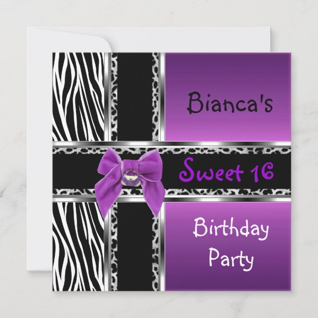 Sweet 16 Purple Pink Silver Black Zebra Leopard Invitation (Front)