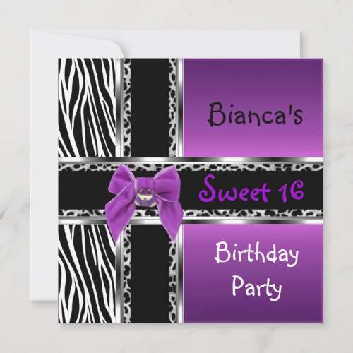 Sweet 16 Purple Pink Silver Black Zebra Leopard Invitation