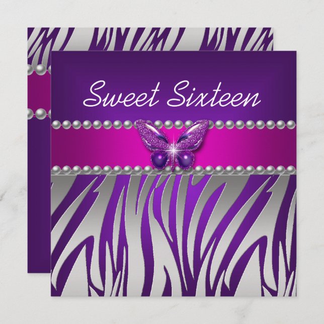 Sweet 16 Purple Pink Zebra Silver Butterfly Invitation (Front/Back)