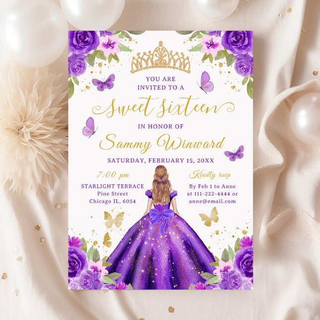Sweet 16 Purple Princess Blonde Girl Invitation (Creator Uploaded)