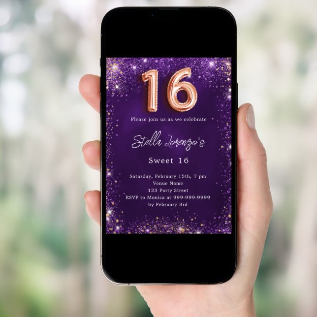 Sweet 16 purple rose gold luxury invitation (Front Digital)