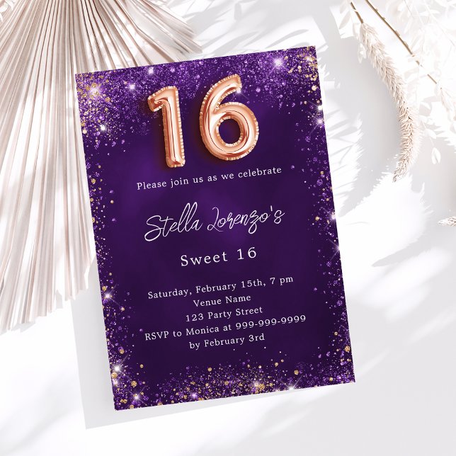 Sweet 16 purple rose gold sparkles invitation (Creator Uploaded)