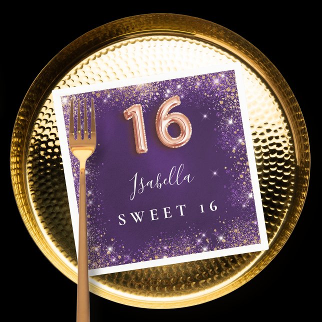 Sweet 16 purple rose gold sparkles name napkins (Creator Uploaded)