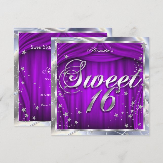 Sweet 16 Purple Silver 16th Birthday Party Invitation (Front/Back)