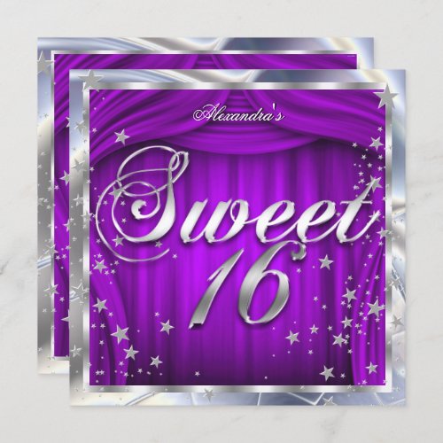 Sweet 16 Purple Silver 16th Birthday Party Invitation