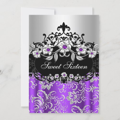 Sweet 16 Purple Silver Black Floral Jewel Party Invitation