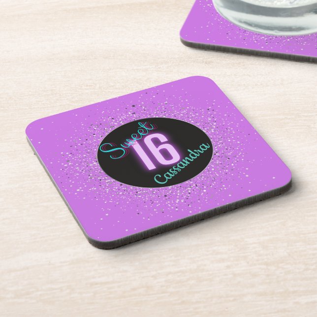 Sweet 16 Purple Silver Brilliance Personalized  Beverage Coaster (Left Side)