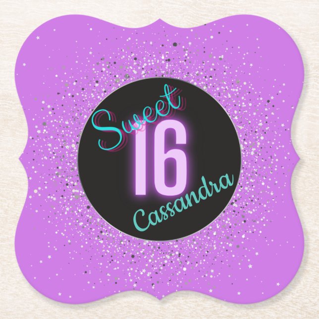 Sweet 16 Purple Silver Brilliance Personalized   Paper Coaster (Front)