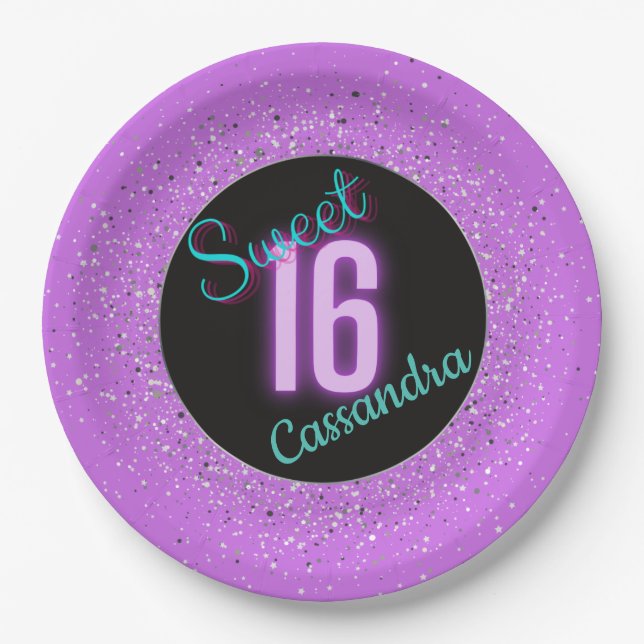 Sweet 16 Purple Silver Brilliance Personalized  Paper Plates (Front)