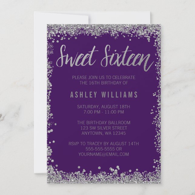 Sweet 16 Purple Silver Faux Glitter Birthday Invitation (Front)