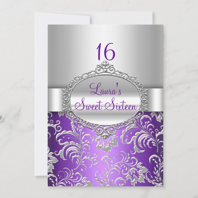 Sweet 16 Purple & Silver Floral Announcements (Front)