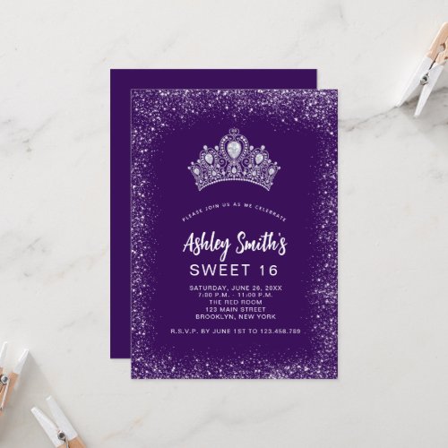 Sweet 16 Purple Silver Glitter Diamond Tiara Invitation