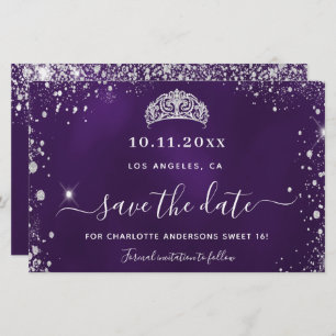 Sweet 16 purple silver glitter save date card