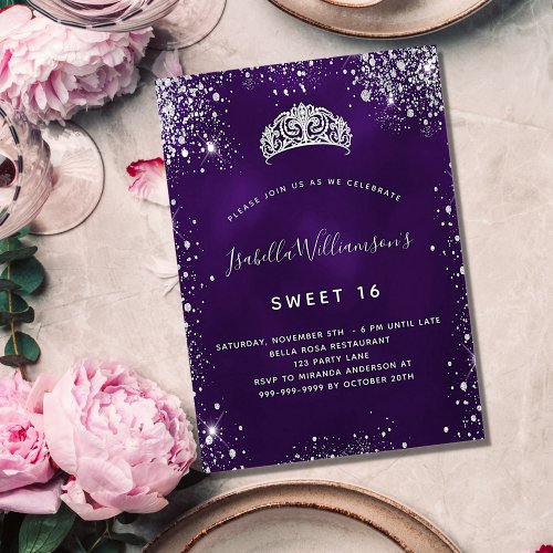 Sweet 16 purple silver glitter tiara crown invitation