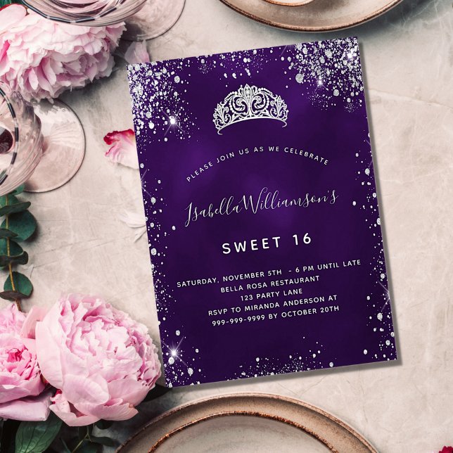 Sweet 16 purple silver glitter tiara crown invitation postcard (Creator Uploaded)
