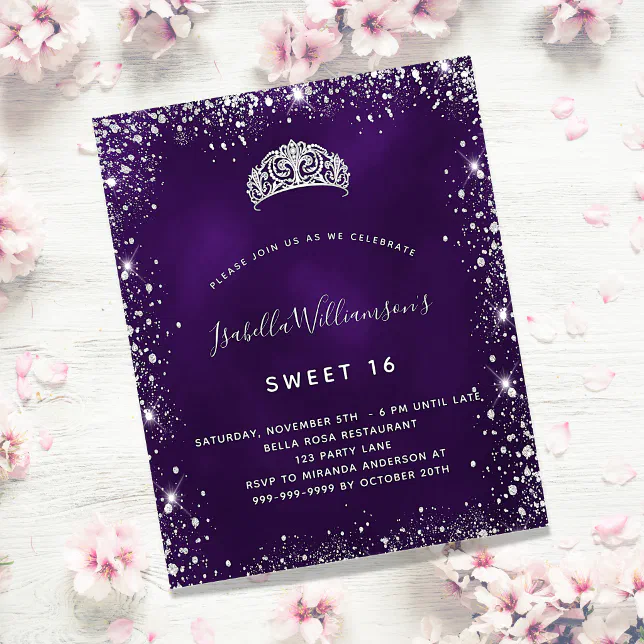 Sweet 16 purple silver glitter tiara invitation | Zazzle