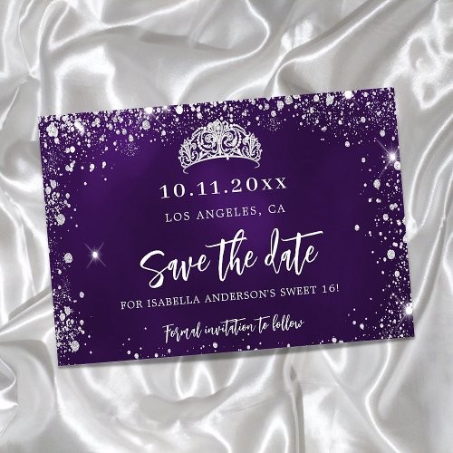 Sweet 16 purple silver glitter tiara save the date announcement postcard