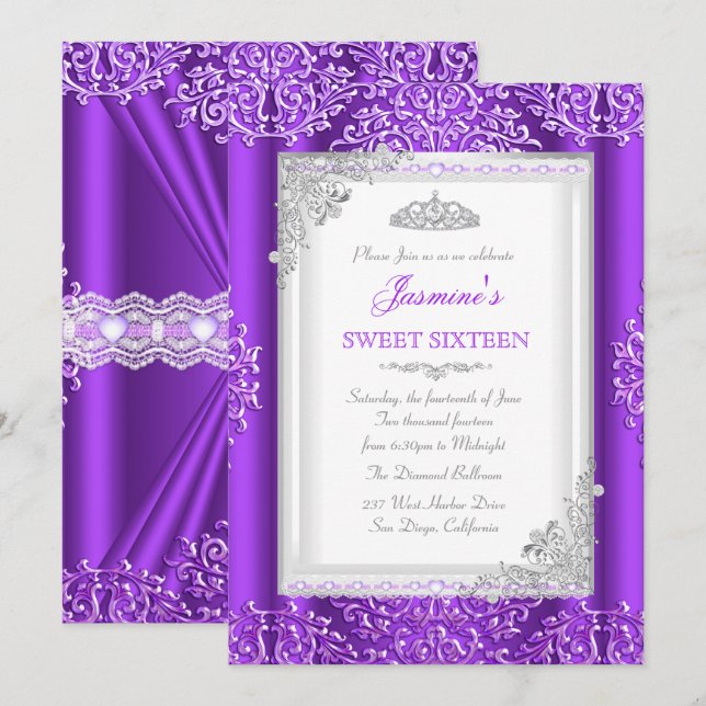 Sweet 16 Purple Silver Lace Damask Tiara Invitation (Front/Back)