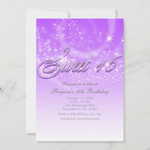 SWEET 16 Purple  Silver Sparkle Stars Party Invitation