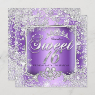 Sweet 16 Purple Silver Tiara Winter Wonderland Invitation