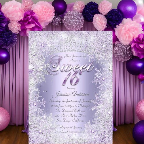 Sweet 16 Purple Silver Winter Wonderland Tiara Invitation