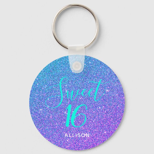 Sweet 16 Purple Teal Glitter Chic Personalized Keychain (Front)