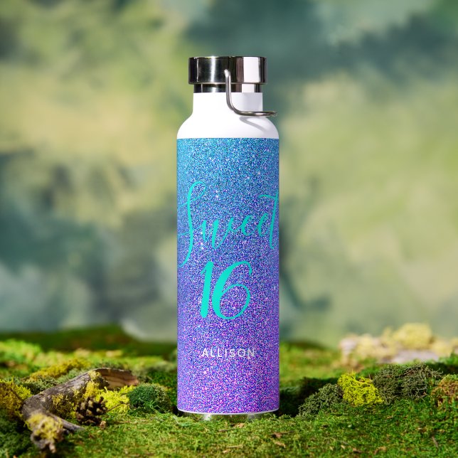 Sweet 16 Purple Teal Glitter Girls Personalized Water Bottle (Outdoor)