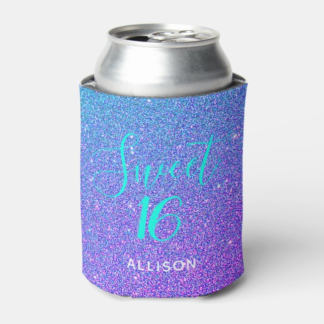 Sweet 16 Purple Teal Glitter Party Favor Can Cooler (Can Front)