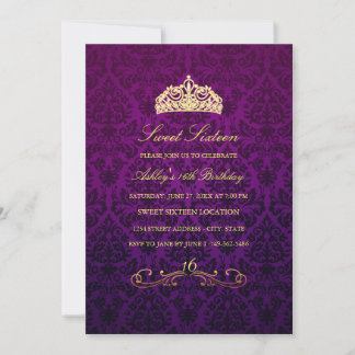 Sweet 16 | Purple Tiara & Damask Invite