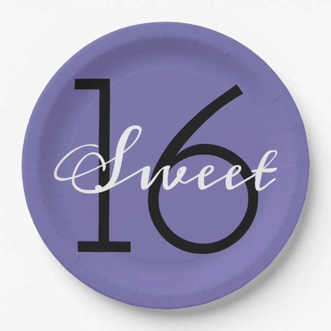 Sweet 16 Purple Typography Birthday Paper Plates (Front)