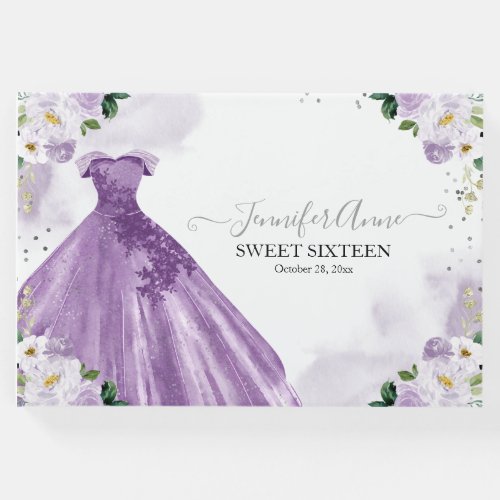 Sweet 16 Purple Watercolor Flowers Dress Guest Book