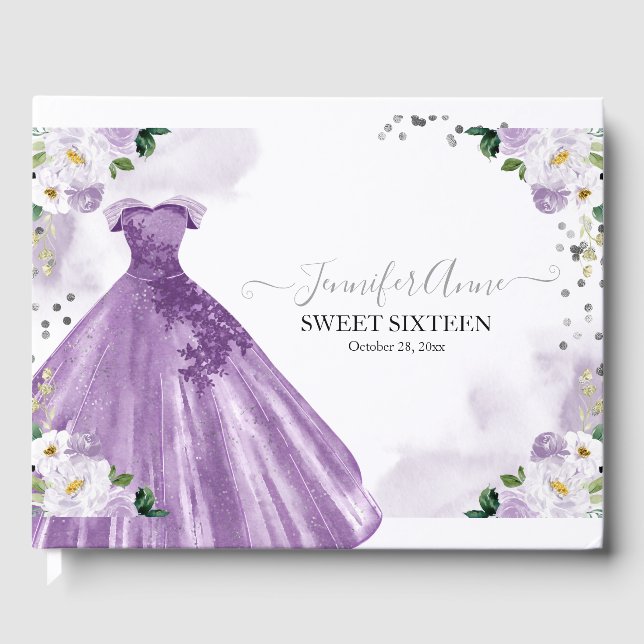 Sweet 16 Purple Watercolor Flowers Dress Guest Book (Front)