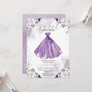 Sweet 16 Purple Watercolor Flowers Dress Invitation