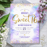 Sweet 16 Purple Watercolor Gold Girly Birthday Invitation<br><div class="desc">“Happy Sweet 16”. Send out this stunning, simple, festive, modern, personalized party invitation for an event to remember. Sparkly gold faux foil and tiny confetti glitter dots and typography script overlay a soft purple watercolor background. Personalize the custom text with your daughter’s name as well as other party details. Great...</div>