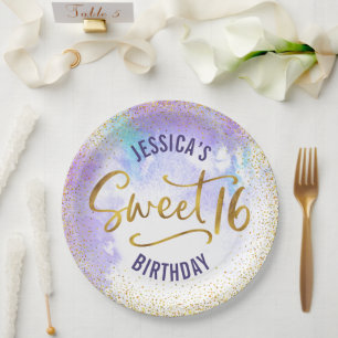 Sweet 16 Purple Watercolor Gold Girly Birthday Paper Plates