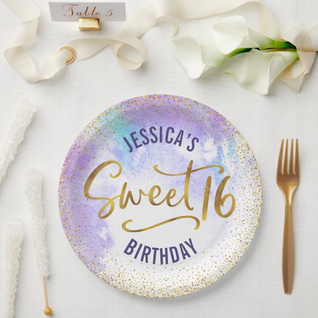 Sweet 16 Purple Watercolor Gold Girly Birthday Paper Plates (Wedding)