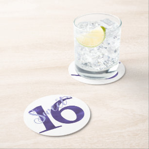 Sweet 16 Purple Watercolor Grunge and Glitter Round Paper Coaster