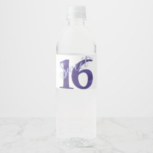 Sweet 16 Purple Watercolor Grunge and Glitter Water Bottle Label