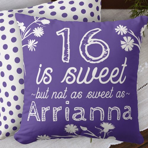 Sweet 16 Purple White Flowers Personalized Throw Pillow