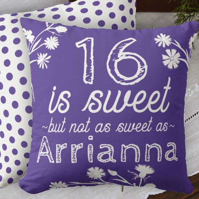 Sweet 16 Purple, White Flowers Personalized Throw Pillow (purple sweet 16 sixteen throw pillow personalized sixteen name message cute polka dots)
