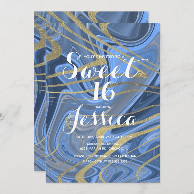 Sweet 16 | Quince Marble Liquid Blue Faux Gold Invitation (Front/Back)