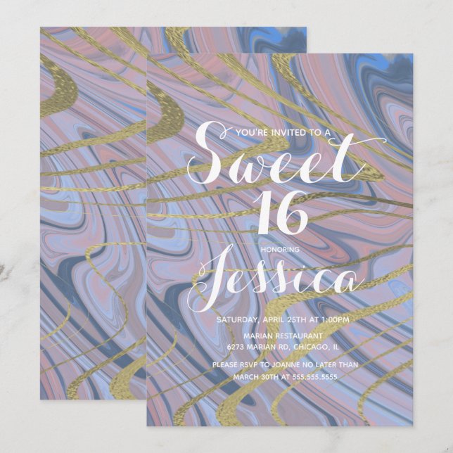Sweet 16 | Quince Marble Liquid Blue Pink Invitation (Front/Back)