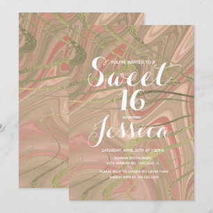 Sweet 16 Quince Marble Liquid Blush Faux Gold Invitation