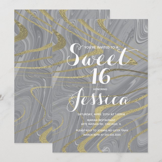 Sweet 16 | Quince Marble Liquid Gray Faux Gold Invitation (Front/Back)