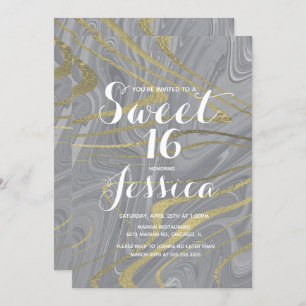 Sweet 16 Quince Marble Liquid Gray Faux Gold Invitation