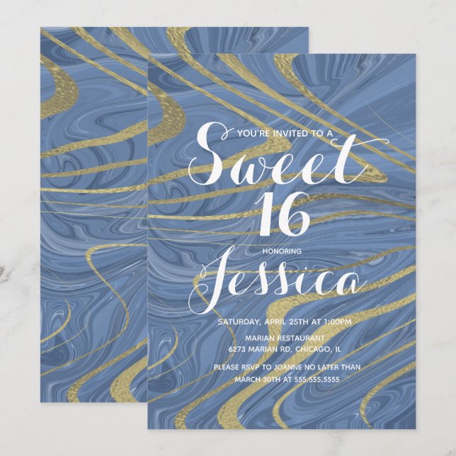 Sweet 16 | Quince Marble Liquid L Blue Faux Gold Invitation (Front/Back)