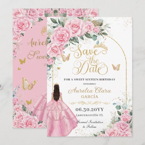 Sweet 16 Quinceanera Pink Roses Floral Fair Gold Save The Date