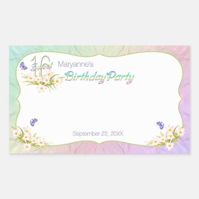 Sweet 16 Rainbow and Butterflies Birthday Party Rectangular Sticker (Front)