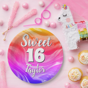 Sweet 16 Rainbow Colored Marble Personalized Paper Plates