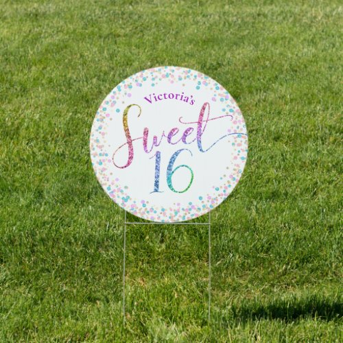 Sweet 16 Rainbow Glitter Confetti Birthday Yard Sign